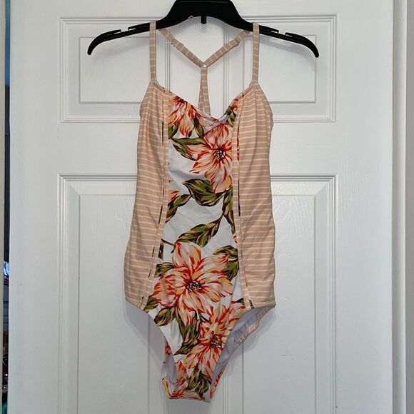 Kona Sol Floral & Striped High Coverage One Piece Swimsuit, NWT - Picture 2 of 11
